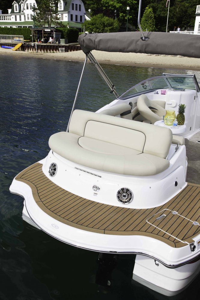 The deckboat is a cross between a bowrider and a pontoon boat.  It features a rather flat deck area with lots of room for people while still offering the speed and agility of a runabout.