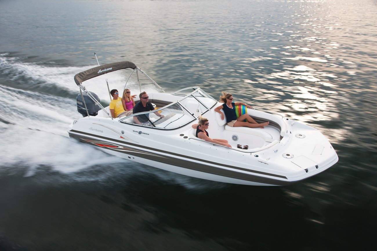 The deckboat is a cross between a bowrider and a pontoon boat.  It features a rather flat deck area with lots of room for people while still offering the speed and agility of a runabout.