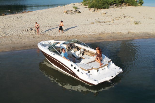 A bow rider is a boat with an open bow area where there are extra seats in front of the windshield.  Bow riders are typically between 17' and 30'long. They are well suited for many recreational water sports such as tubing, water skiing, and swimming.