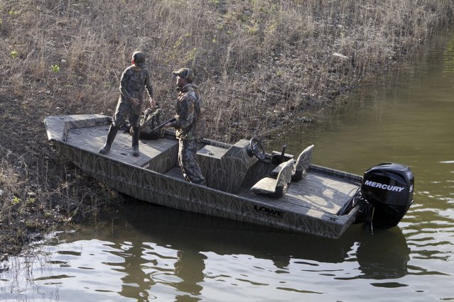 A Jon boat is a flat-bottomed boat made of aluminum or wood with one, two, or three bench seats. They are particularly useful for hunting due to the greater level of stability as compared with a V-hull boat. They are also quite suitable for fishing.